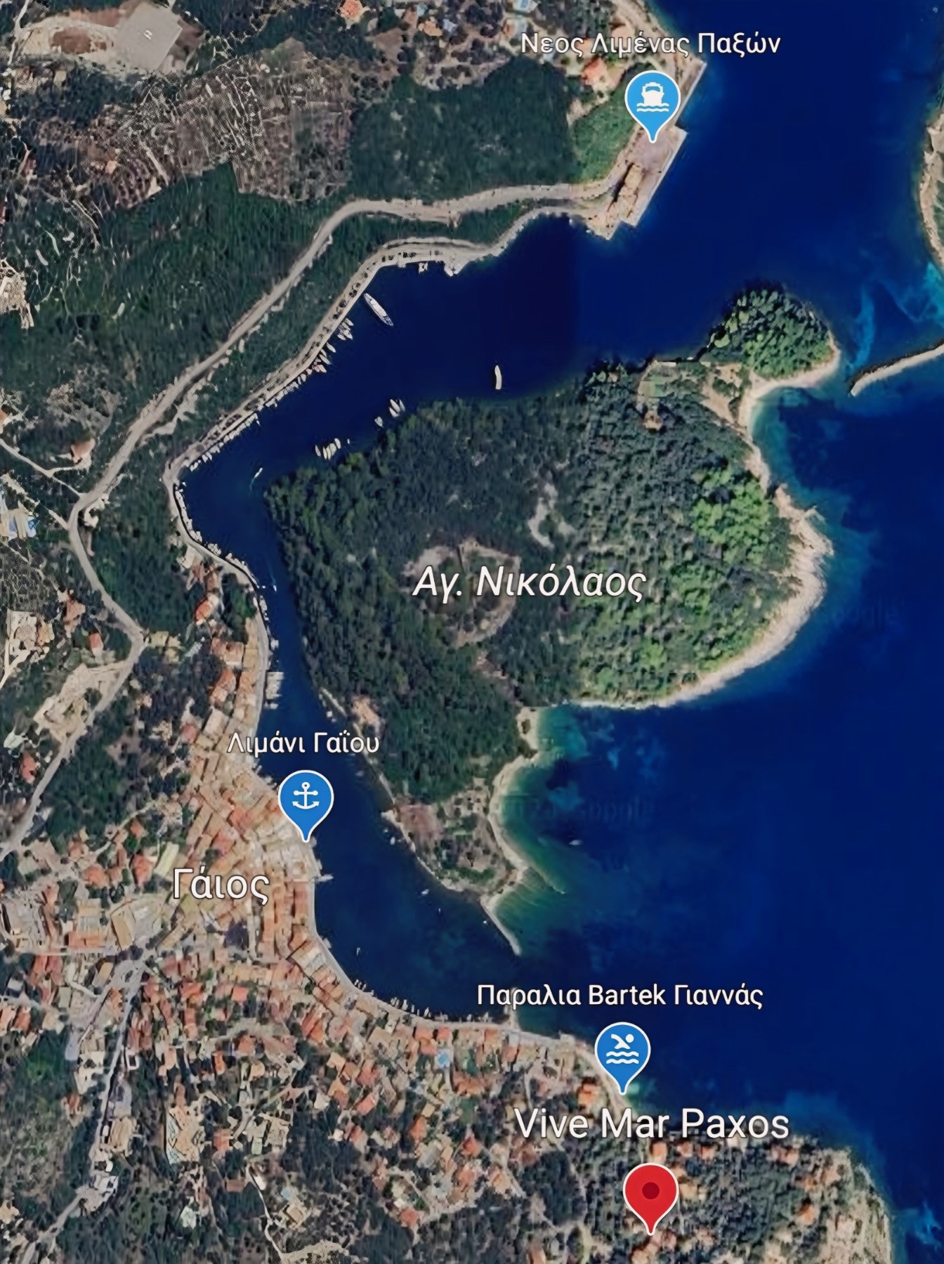 Χάρτης με το στίγμα του Vive Mar Paxos στον Γάιο Παξών