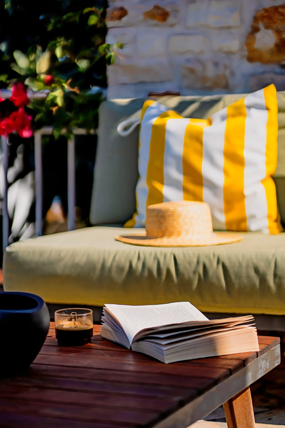 Terrace lounge with book and coffee